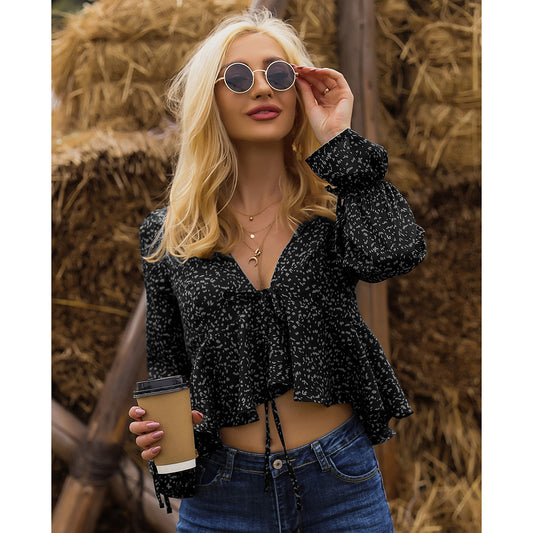 Flared Sleeves Long Sleeves Leopard Print Lace Up Sexy Cropped Ruffle Asymmetric Top