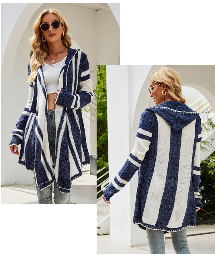 Striped Contrast Color Hooded Knit Asymmetric Long Sleeve Sweater