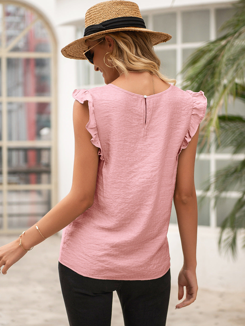 Summer Simple Elegant Ruffle Sleeve Round Neck Short Sleeve Top