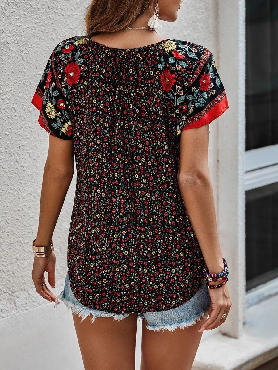Summer Casual National Printed V-Neck Short Sleeve Loose Shirt