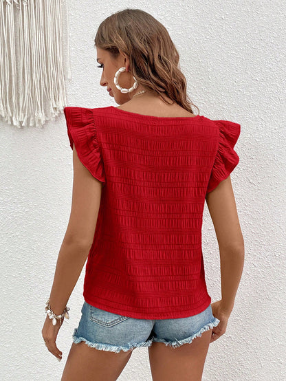 Solid Color Square Collar Flying Sleeves Top
