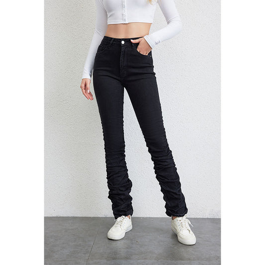 Pleated High Waist Tight Denim Jeans