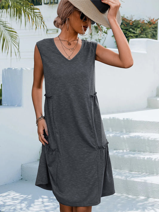 Solid Color V-Neck Sleeveless Dress - tamrashopsocial