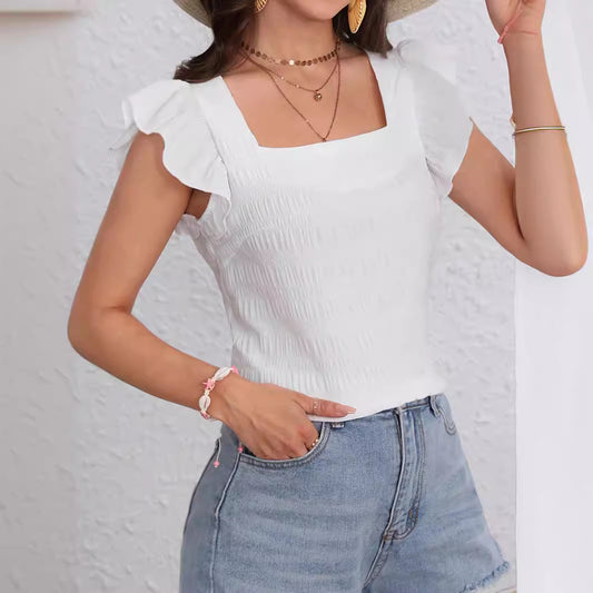 Solid Color Square Collar Flying Sleeves Top