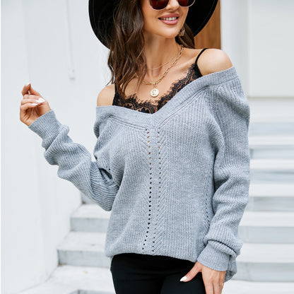 Sexy Lace Stitching Pullover V-Neck Sweater