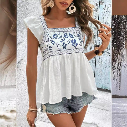 Embroidery Ruffle Sleeve Top