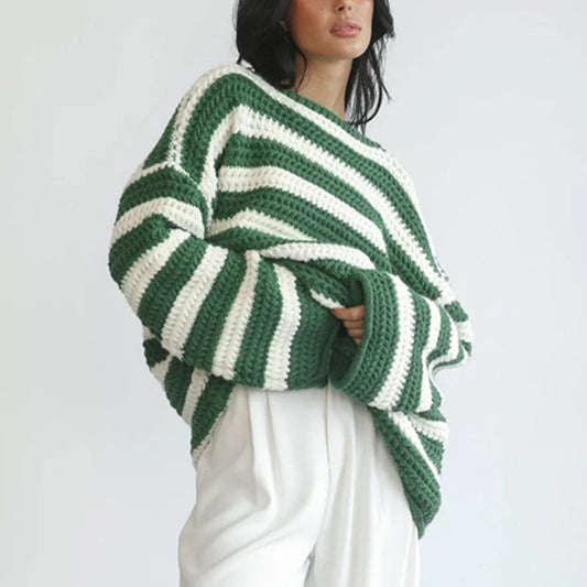 Loose Striped Long Sleeved Knitted Pullover Casual Sweater