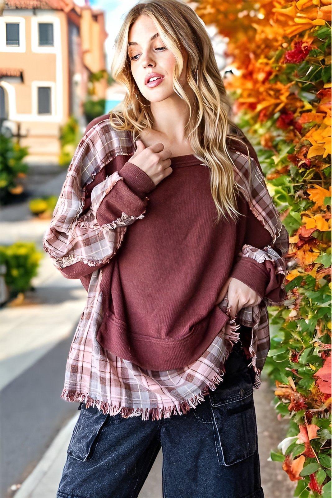 Autumn Cotton Waffle Plaid Stitched Washed Frayed Hem Design Loose Sweater - Tamra.Shop.Social