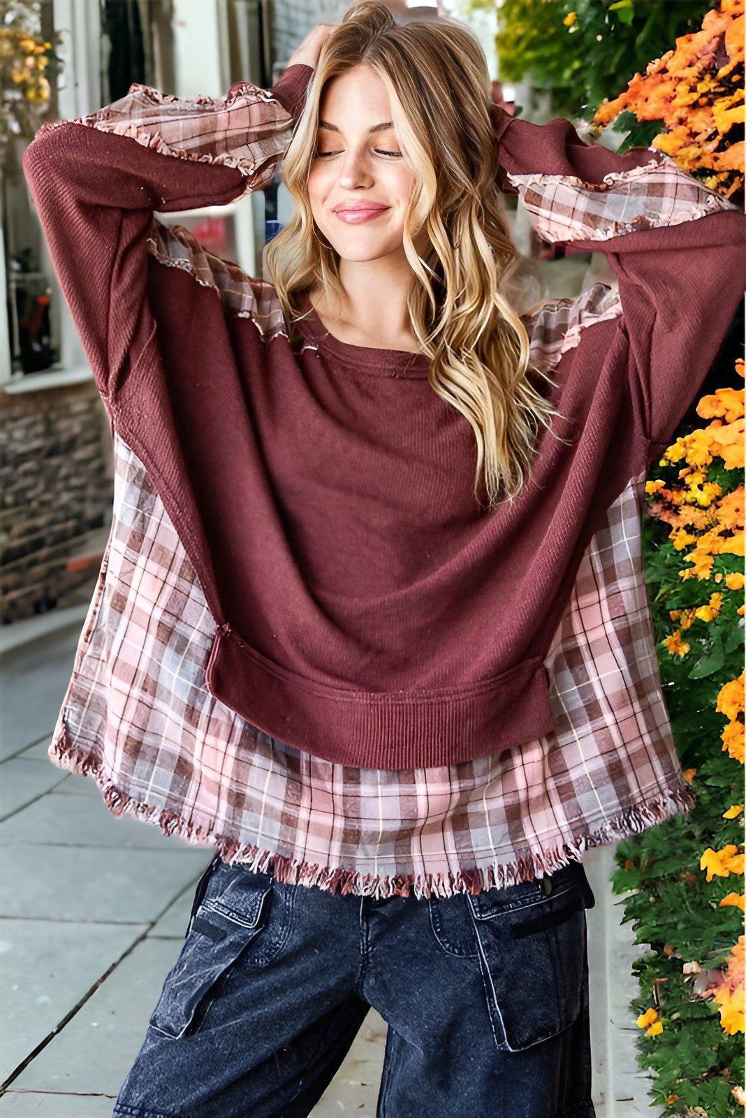 Autumn Cotton Waffle Plaid Stitched Washed Frayed Hem Design Loose Sweater - Tamra.Shop.Social