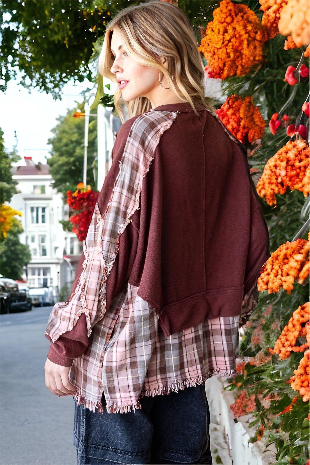 Autumn Cotton Waffle Plaid Stitched Washed Frayed Hem Design Loose Sweater - Tamra.Shop.Social