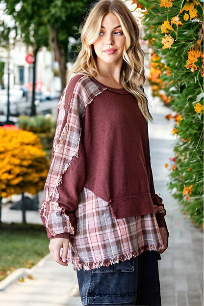 Autumn Cotton Waffle Plaid Stitched Washed Frayed Hem Design Loose Sweater - Tamra.Shop.Social