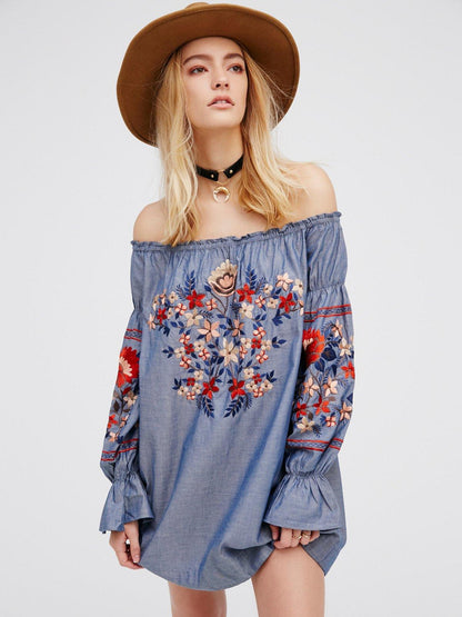 Bohemian Denim Cotton Embroidered Shoulder Dress - Tamra.Shop.Social