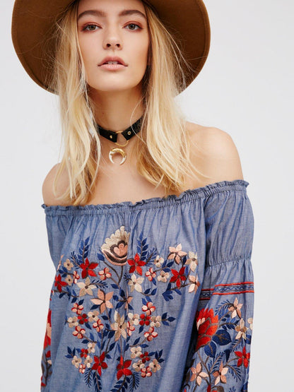 Bohemian Denim Cotton Embroidered Shoulder Dress - Tamra.Shop.Social