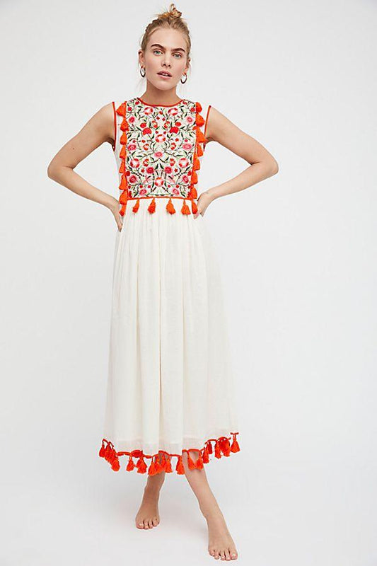 Bohemian Flower Embroidered Fringe Trimmed Dress - Tamra.Shop.Social