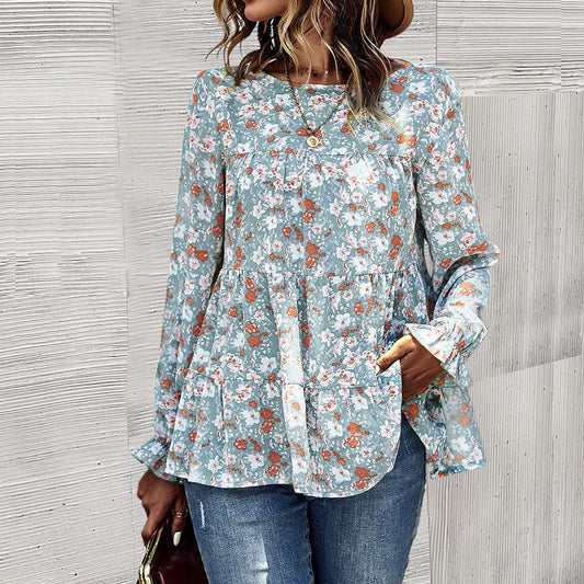 Casual Round Neck Long Sleeve Floral Top - Tamra.Shop.Social