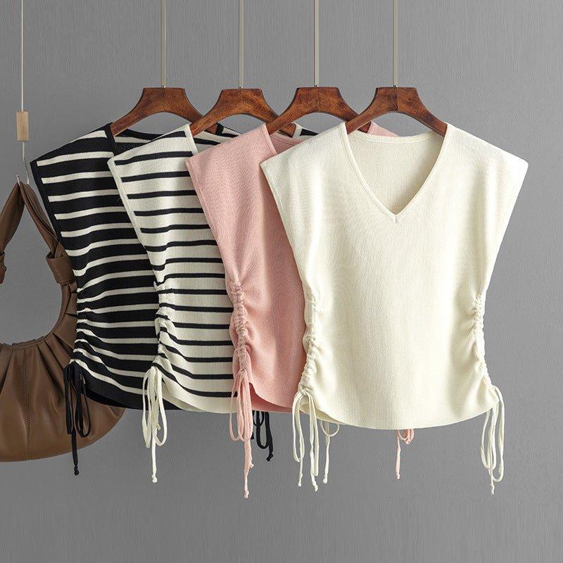 Chic Knitted Sleeveless V-neck T-Shirt Drawstring Top - Tamra.Shop.Social