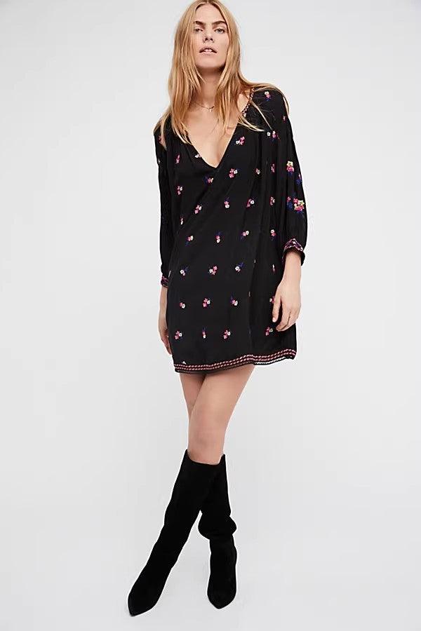 Embroidered V Neck Cropped Sleeve Doll Dress - Tamra.Shop.Social