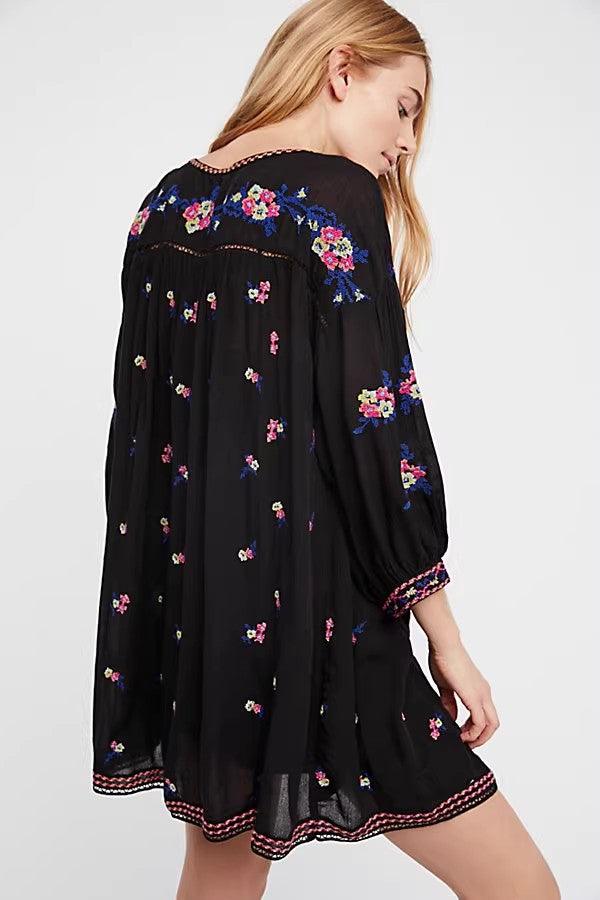 Embroidered V Neck Cropped Sleeve Doll Dress - Tamra.Shop.Social