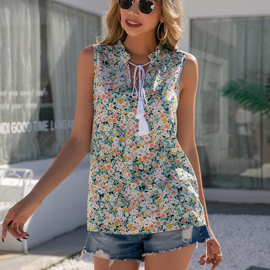 Floral V-Neck Lace up Shirt Top - Tamra.Shop.Social