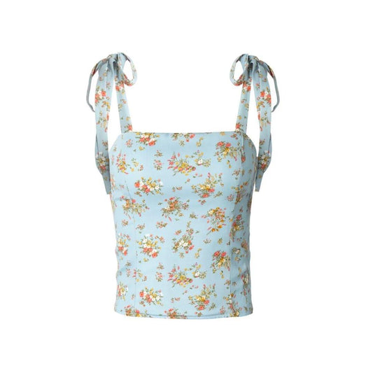 French Floral Print Bow Tie Shoulder Strap Top - Tamra.Shop.Social