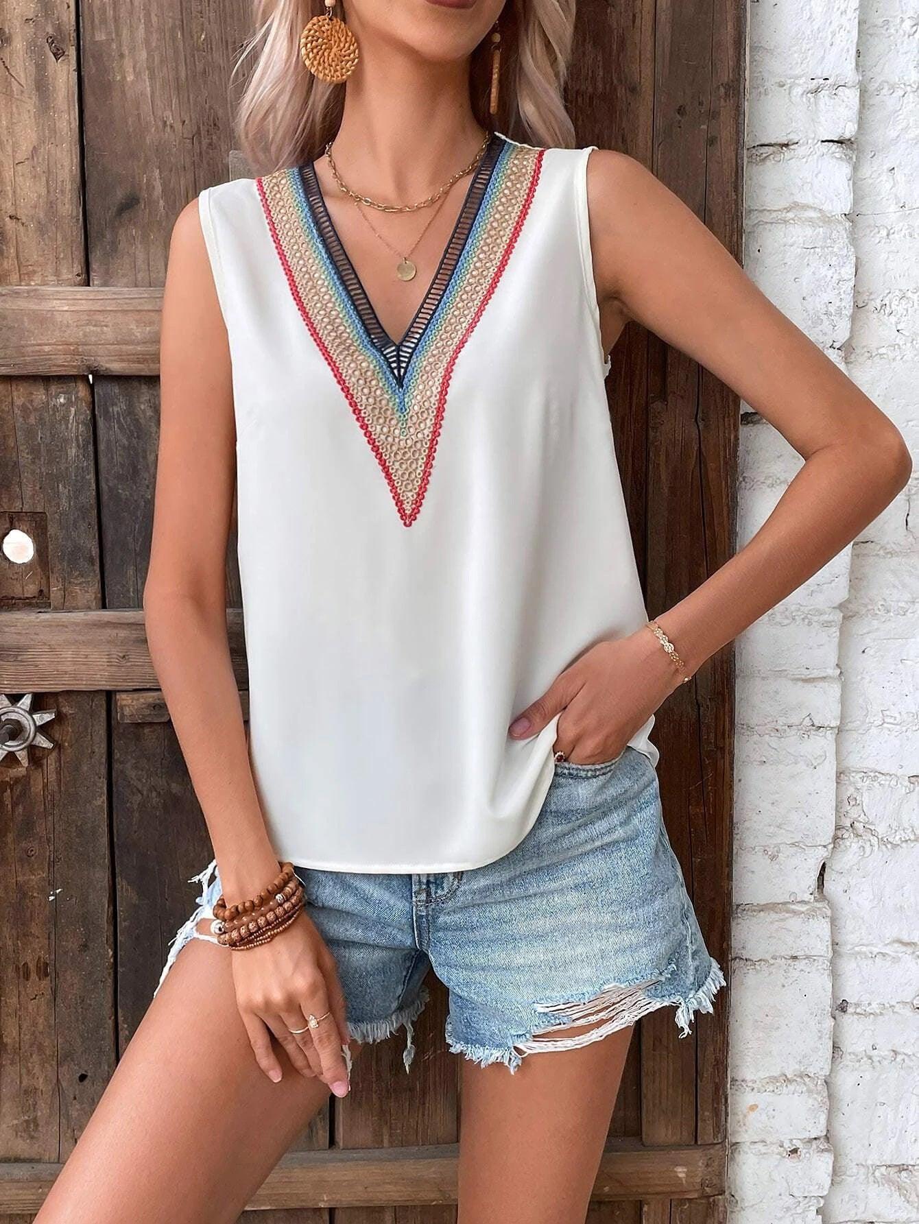 Lace Top V-Neck Casual Sleeveless Blouse - Tamra.Shop.Social