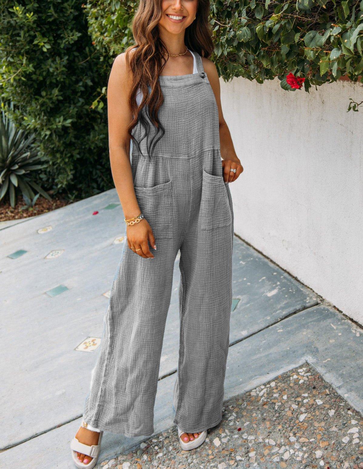 Ladies Spring Summer Jumpsuit Cotton Wrinkle Loose Casual Double Patch Pocket Wide Leg Suspender Pants - Tamra.Shop.Social