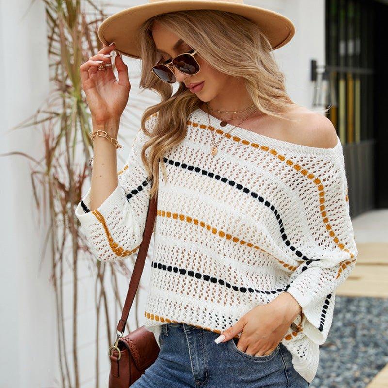 Loose Striped Knitwear Off-Neck Sweater - Tamra.Shop.Social