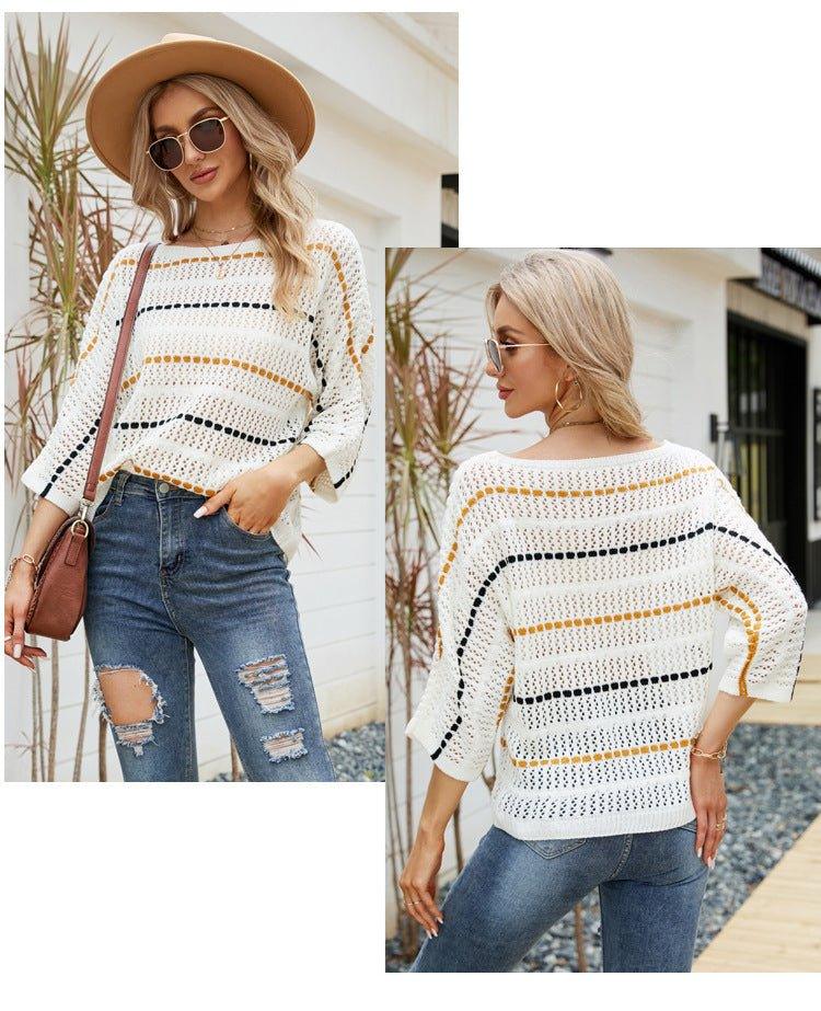 Loose Striped Knitwear Off-Neck Sweater - Tamra.Shop.Social