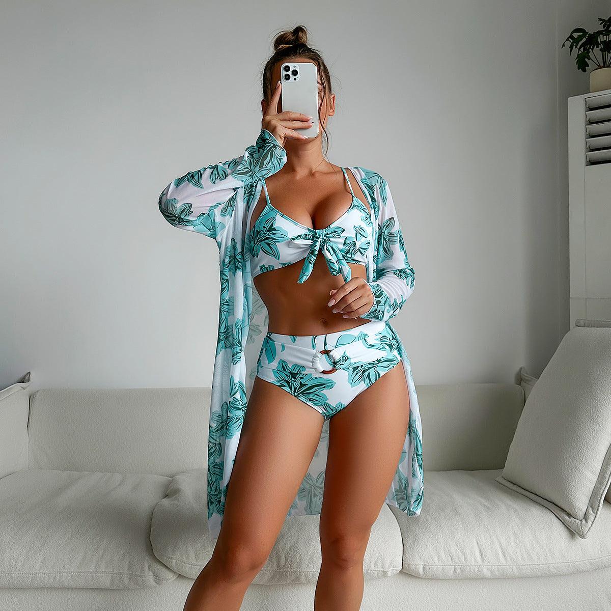 Printed Long-Sleeve Coverup Three-Piece Bikini - Tamra.Shop.Social