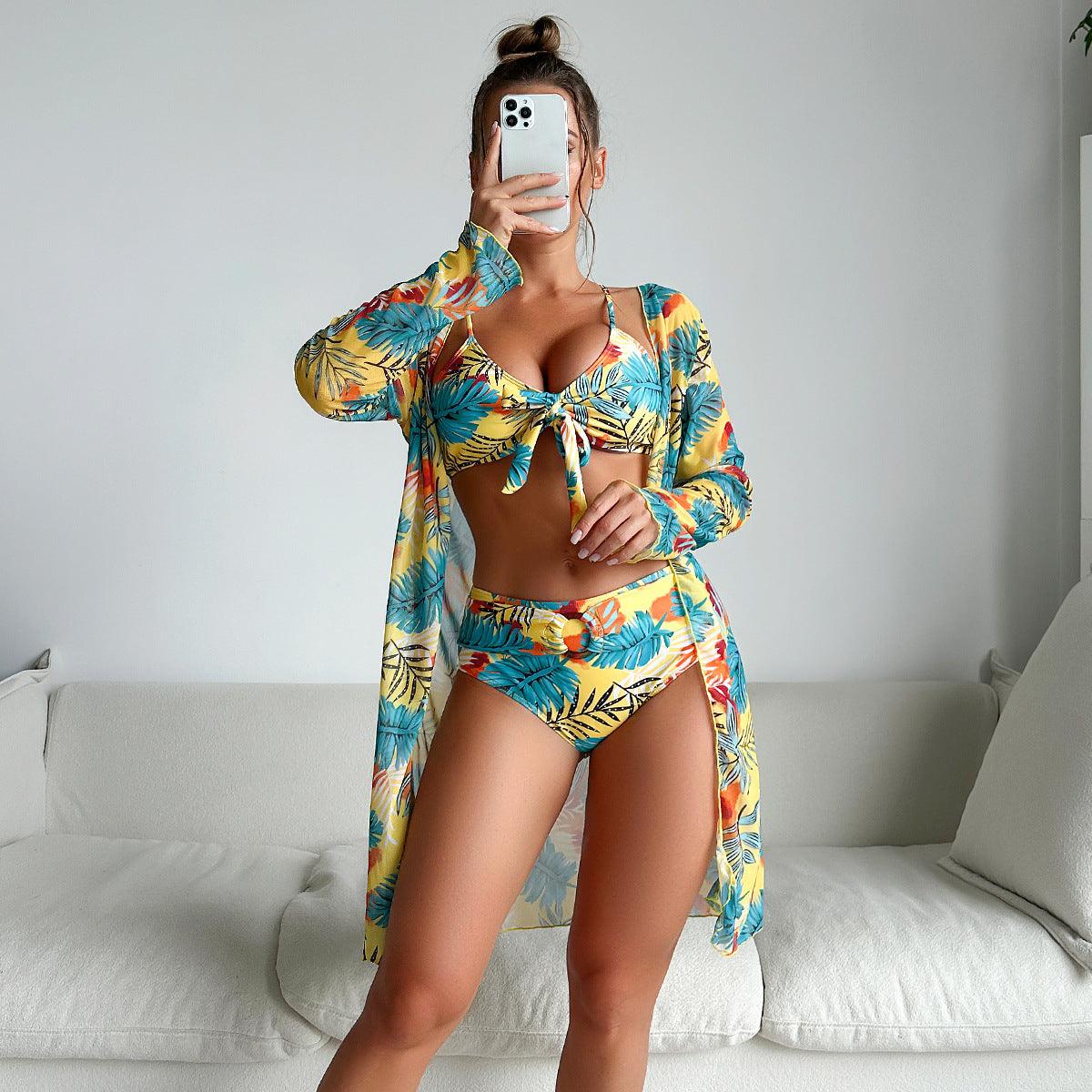 Printed Long-Sleeve Coverup Three-Piece Bikini - Tamra.Shop.Social