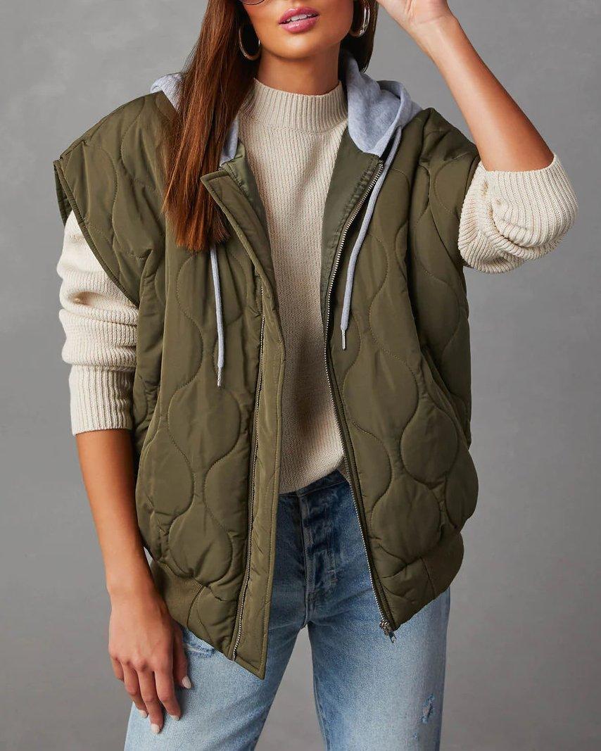 Quilted Vest Solid Loose Thick Hooded Zipper Jacket - Tamra.Shop.Social