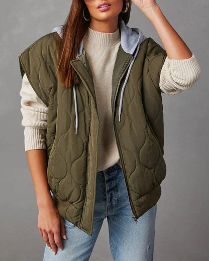 Quilted Vest Solid Loose Thick Hooded Zipper Jacket - Tamra.Shop.Social