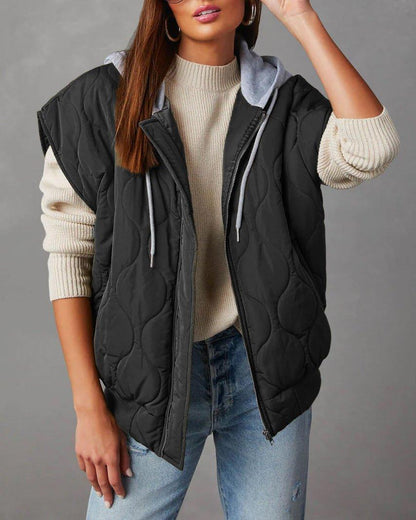 Quilted Vest Solid Loose Thick Hooded Zipper Jacket - Tamra.Shop.Social