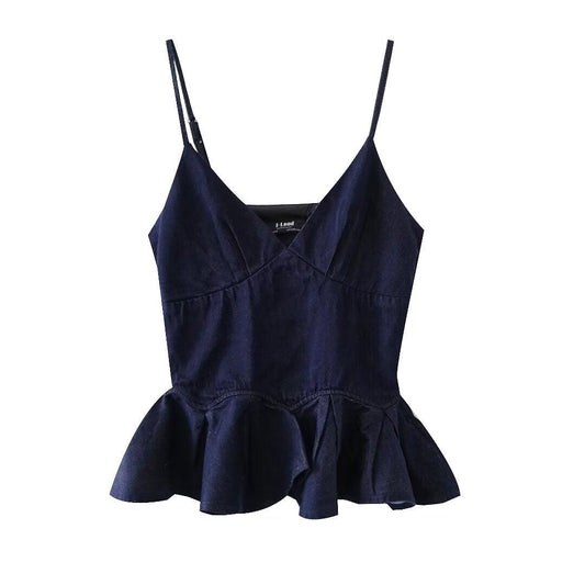 Sexy Ruffled Spaghetti Straps Denim Top - Tamra.Shop.Social