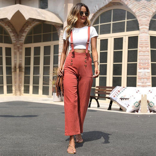 Solid Color Cotton Linen Straight Suspender Pants - Tamra.Shop.Social