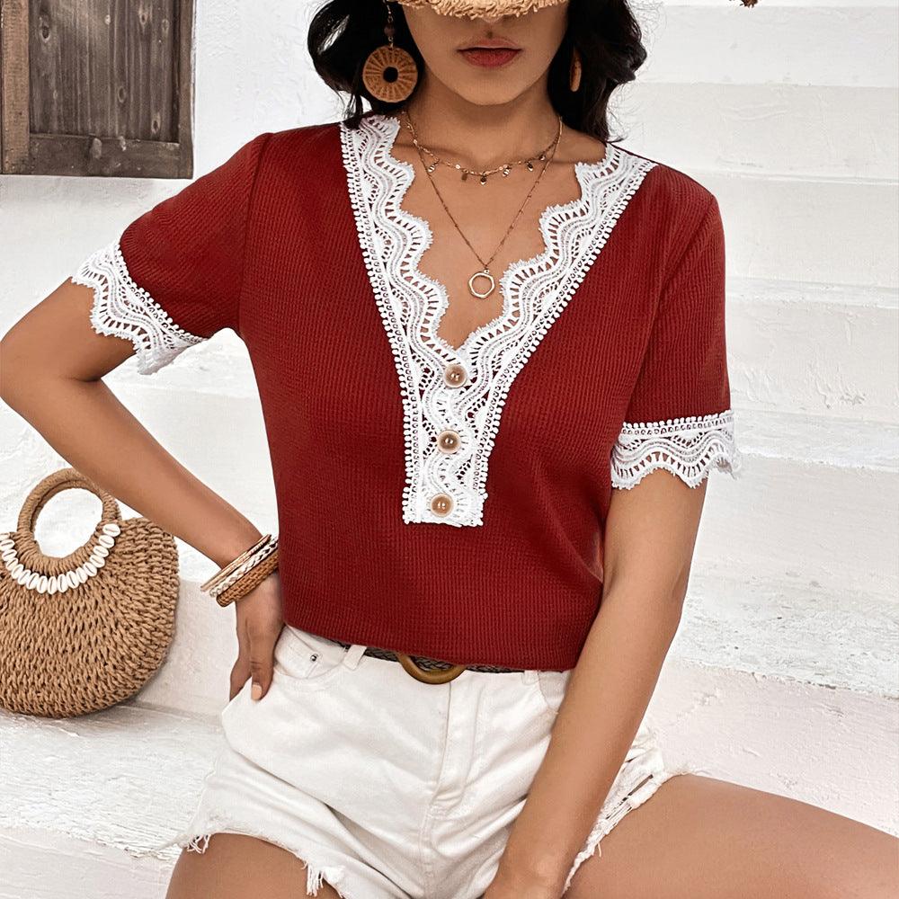 Stitching Hollow Out Cutout Lace Waffle V-Neck Top - Tamra.Shop.Social