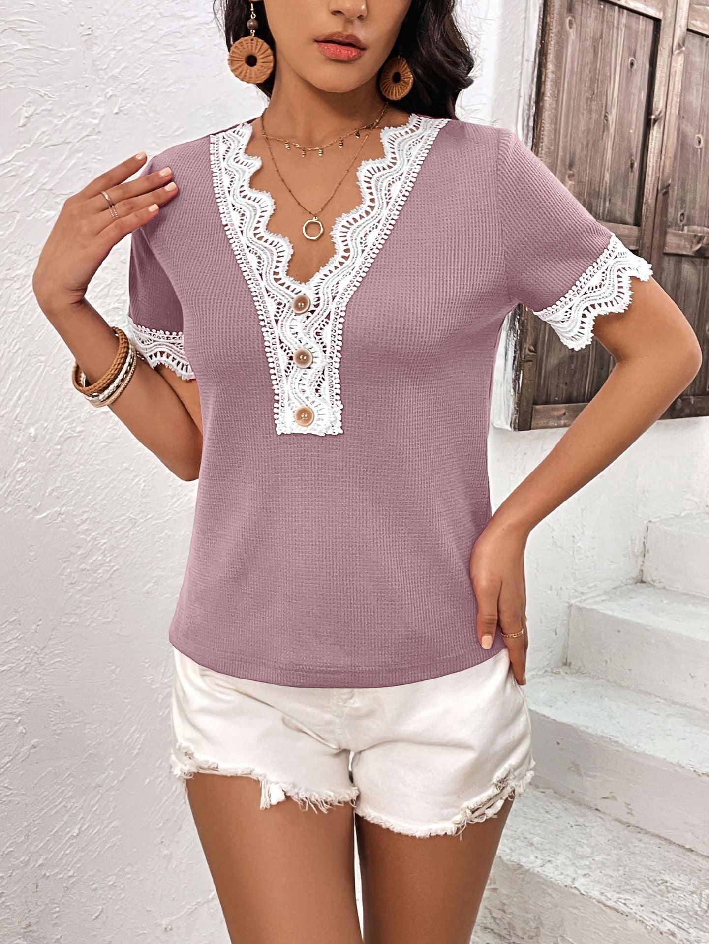 Stitching Hollow Out Cutout Lace Waffle V-Neck Top - Tamra.Shop.Social