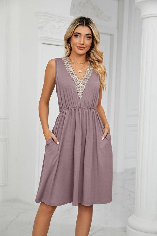 V-Neck Lace Stitching Sleeveless Pocket Waist Dress - Tamra.Shop.Social