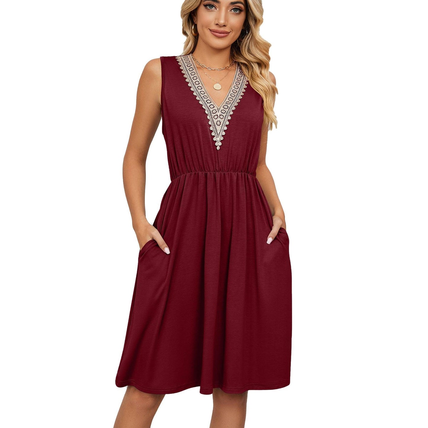 V-Neck Lace Stitching Sleeveless Pocket Waist Dress - Tamra.Shop.Social