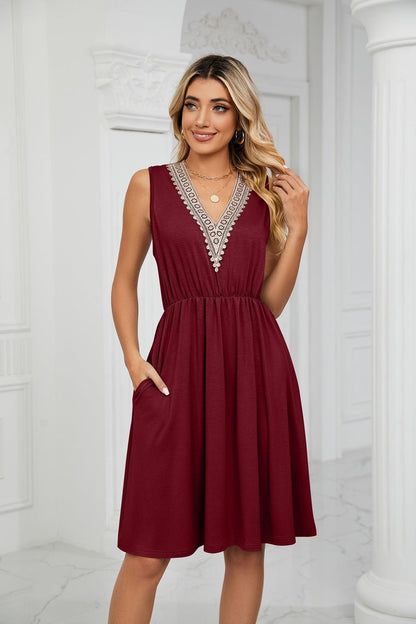 V-Neck Lace Stitching Sleeveless Pocket Waist Dress - Tamra.Shop.Social