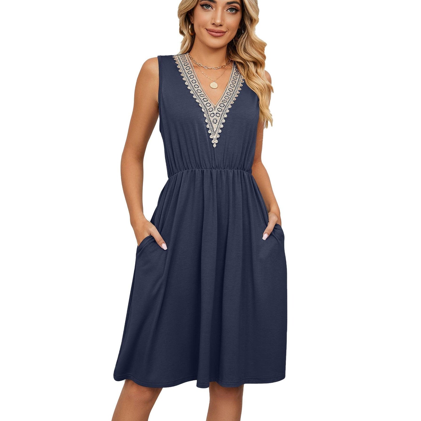 V-Neck Lace Stitching Sleeveless Pocket Waist Dress - Tamra.Shop.Social