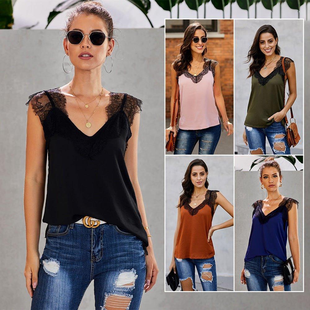 V-neck Sleeveless Lace Splicing Top - Tamra.Shop.Social