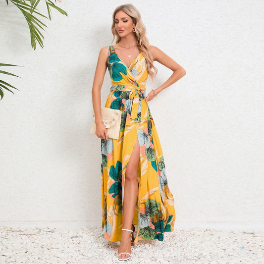 V-Neck Sleeveless Slit Printed Long Strap Dress - Tamra.Shop.Social